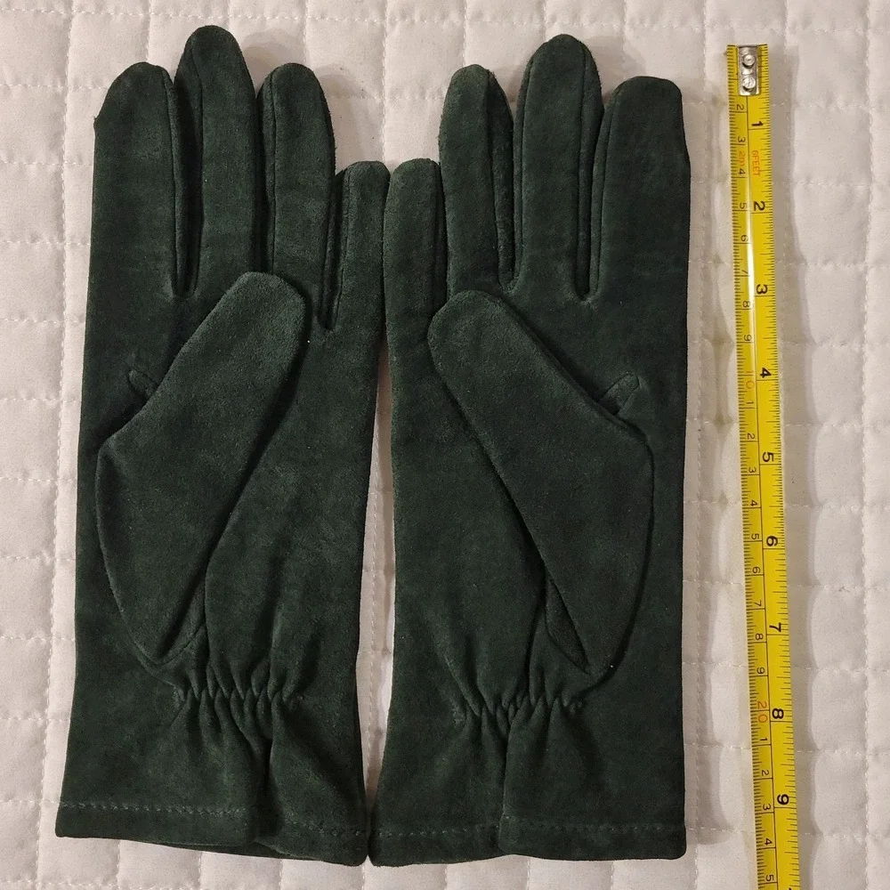 LL Bean Thinsulate Women M Winter Gloves Hunter Green Suede Nylon Cabincore Cozy